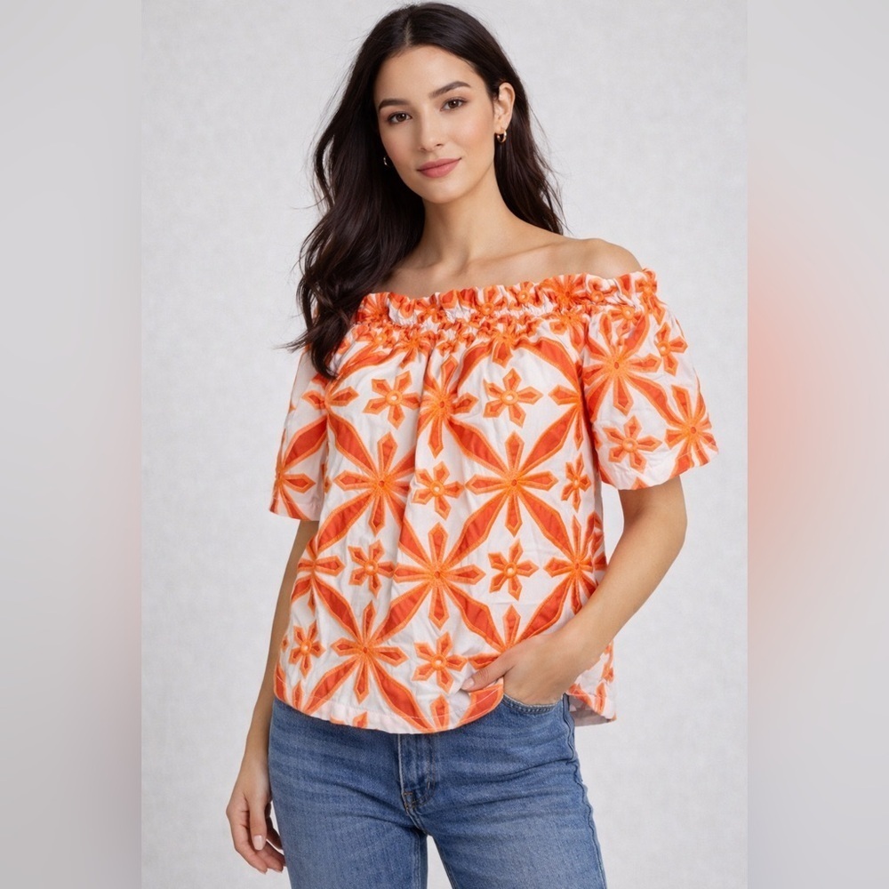 Skies Are Blue Orange Embroidered Off-Shoulder Top Small NWT